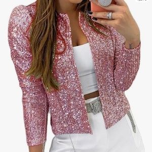Women’s pink sequin cropped jacket, long sleeves, open front